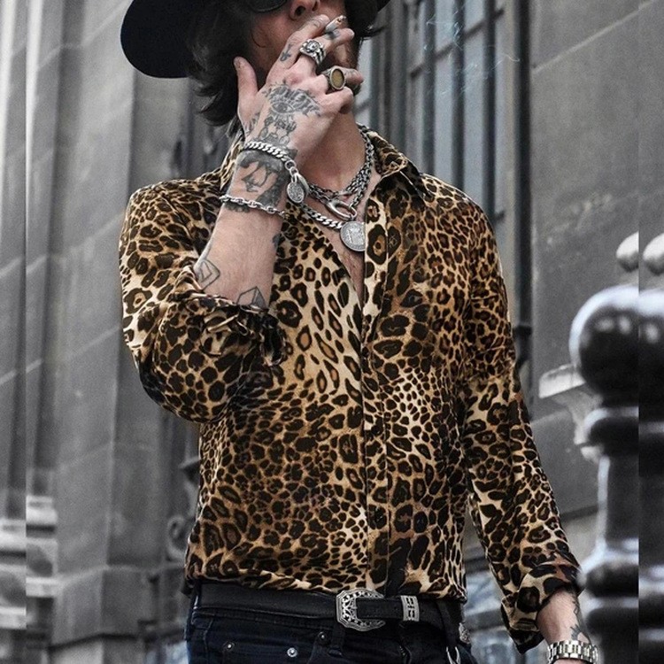 Wild Elegance: Men's Leopard Print Long Sleeve Shirt