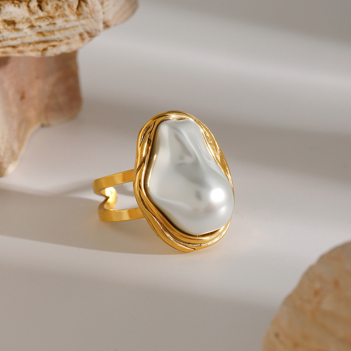 Gold Stainless Steel Baroque Pearl Ring