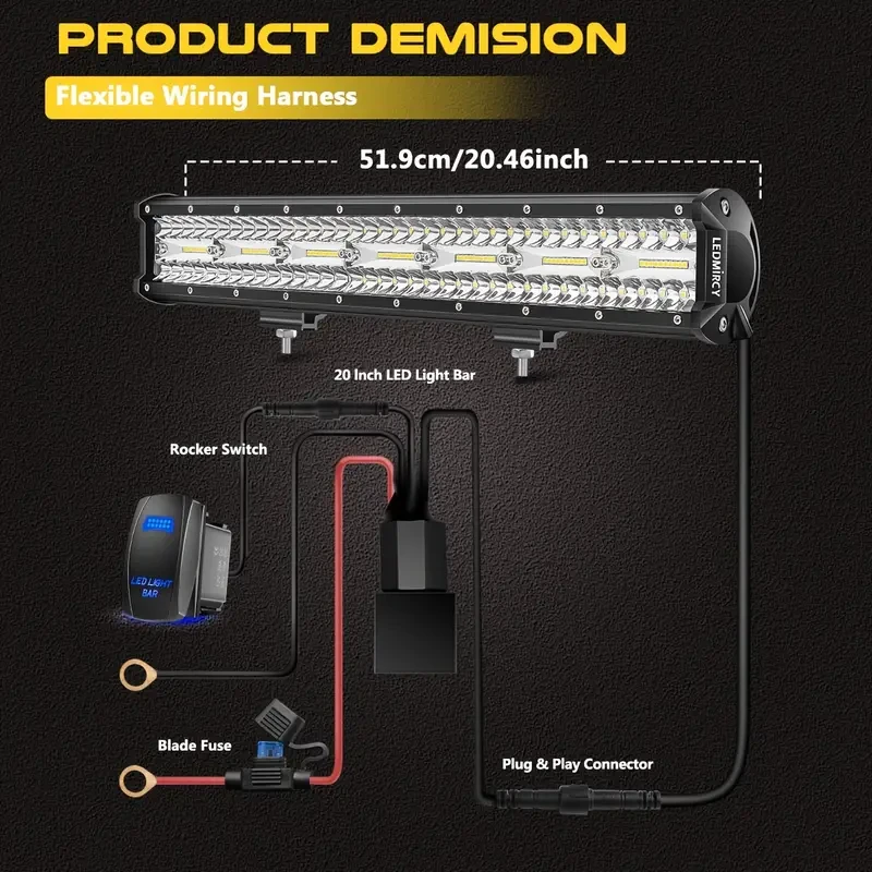 50.8 cm LED Light Bar Kit with Rocker Switch Wiring Harness