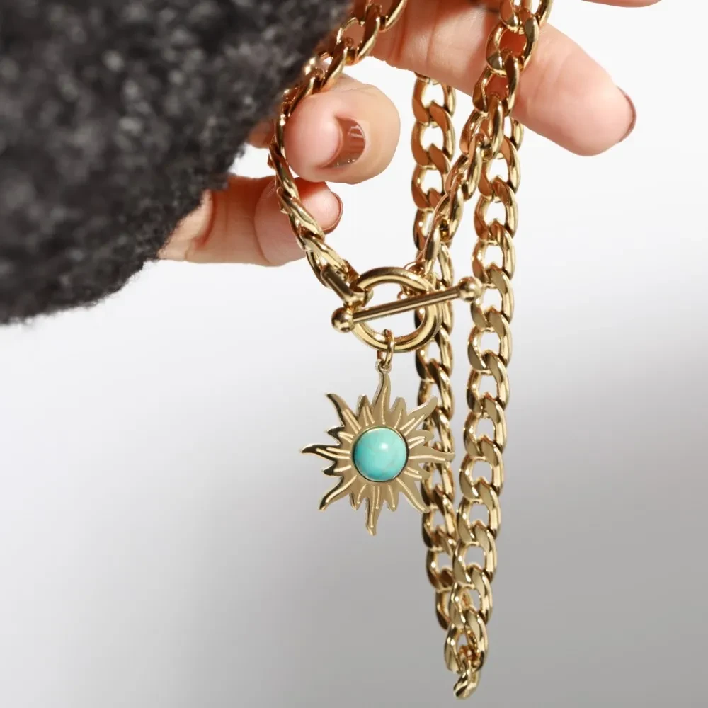 Sunflower Turquoise Pendant Titanium Steel Necklace