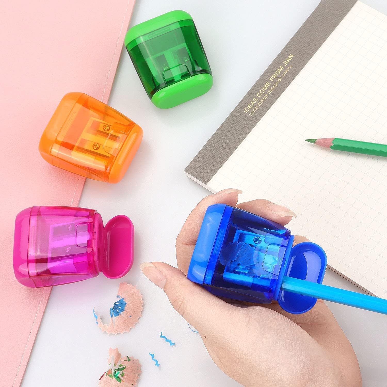Green Bucket Transparent Plastic Lid Double Hole Pencil Sharpener