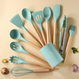 KITCHEN-SET - 12Pcs Wooden Handle Silicone Kitchen Utensils With Storage Bucket