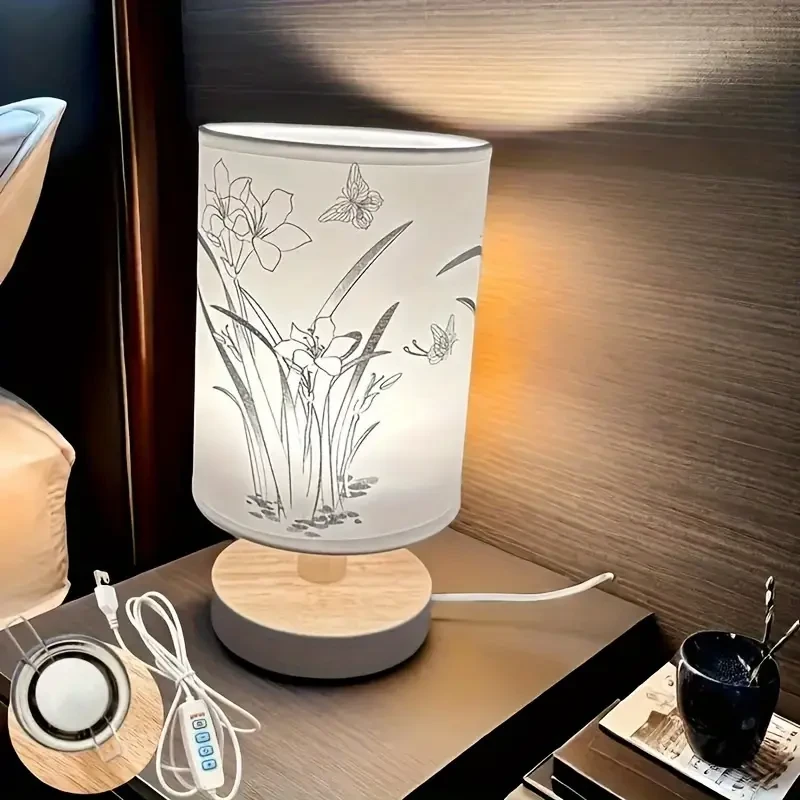 "Contemporary Light" Modern LED Table Lamp with Sisal Orchid Design - Adjustable Brightness & Solid Wood Base in 3 Colors, USB Powered