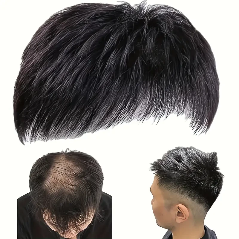Elegant Men's Black Toupee - Easy Clip-In with Stylish Design & Breathable Rose Net Cap for Balding & Thinning Hair