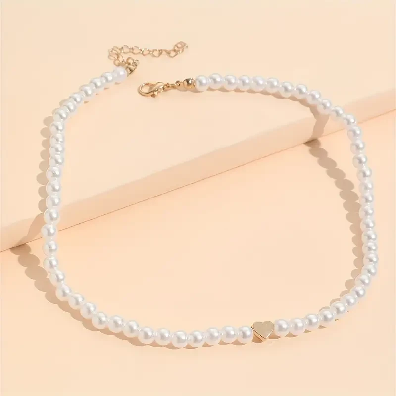 Elegant Imitation Pearl Choker Necklace with Gold Heart | Vintage-Inspired Everyday Jewelry Gift for Women