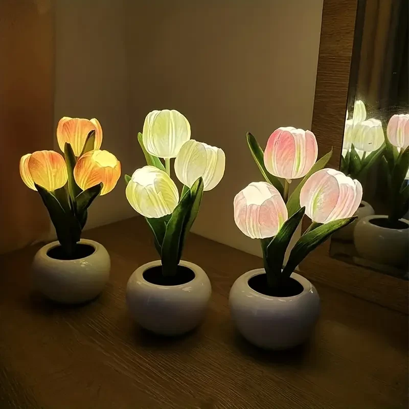1pc USB LED Tulip Flower Lamp with Vase | Simulation Tulip Night Light Table Decor | Best Mothers Day Gift
