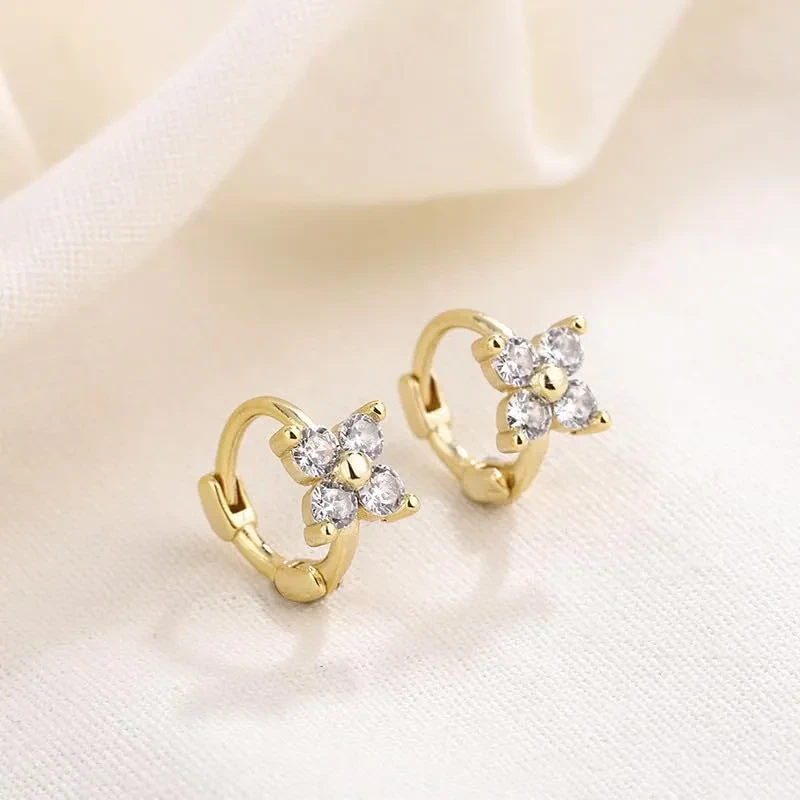 Brass Real Gold Plating Inlaid Zircon Geometric Flower Three-piece Set