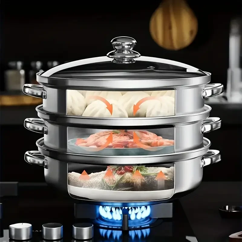 Versatile 3-Tier Stainless Steel Steamer with Clear Lid