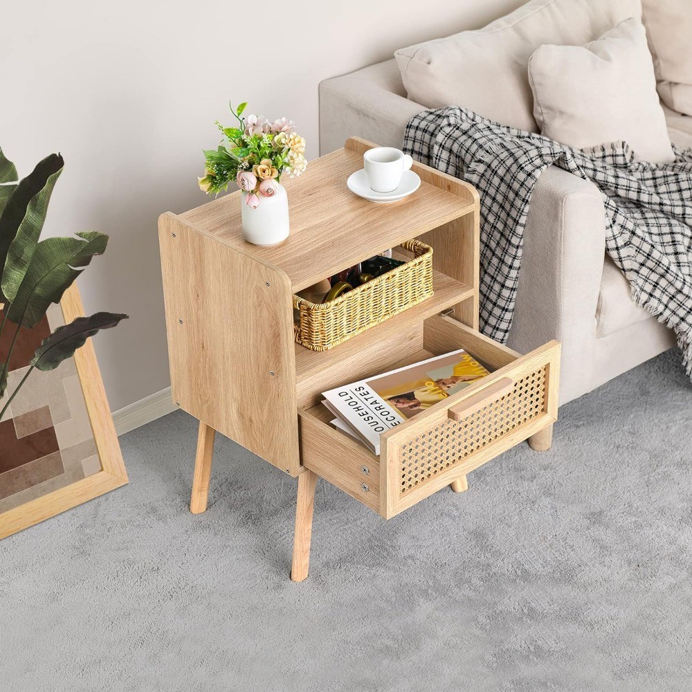 Rattan Nightstands Set of 2 - Cane Accent Bedside End Table with Solid Wood Legs for Bedroom, Dorm, and Small Spaces