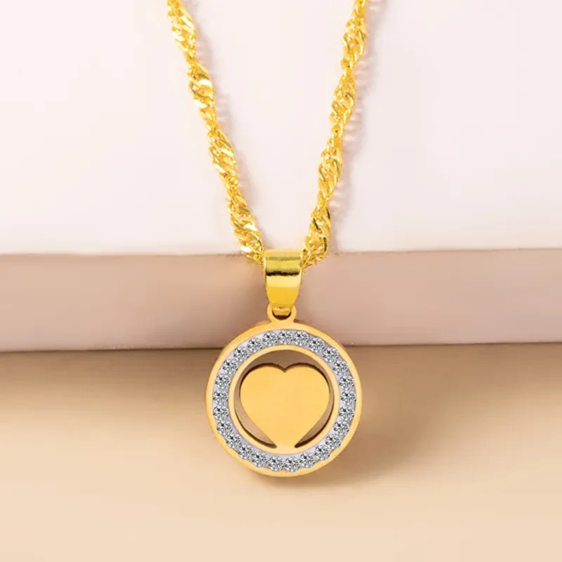 Rhinestone Hollow Round Heart Pendant Necklace
