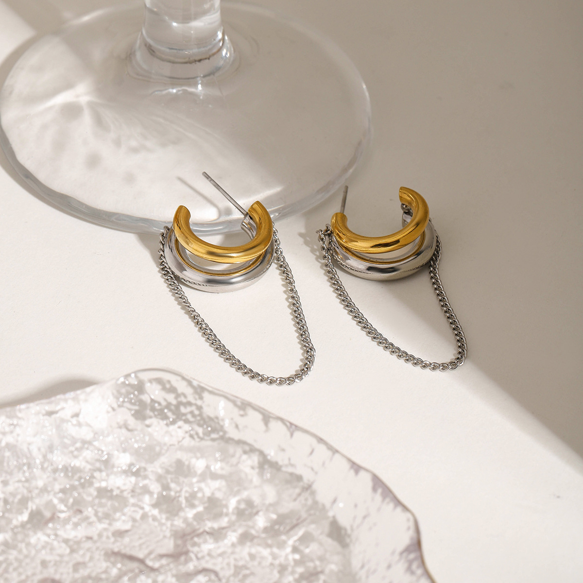 European And American Ins Titanium Steel Gold And Silver Color Matching Tassel Lines Simple Fashion Non-fading Earrings