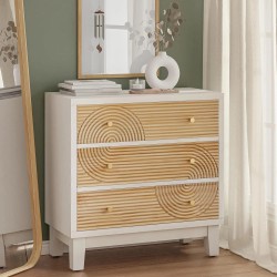Farmhouse Dresser with Handicraft Wood Ring Motif - Fully Assembled Nightstand with Wooden Finish for Boho, Mid-Century, Natural Wood