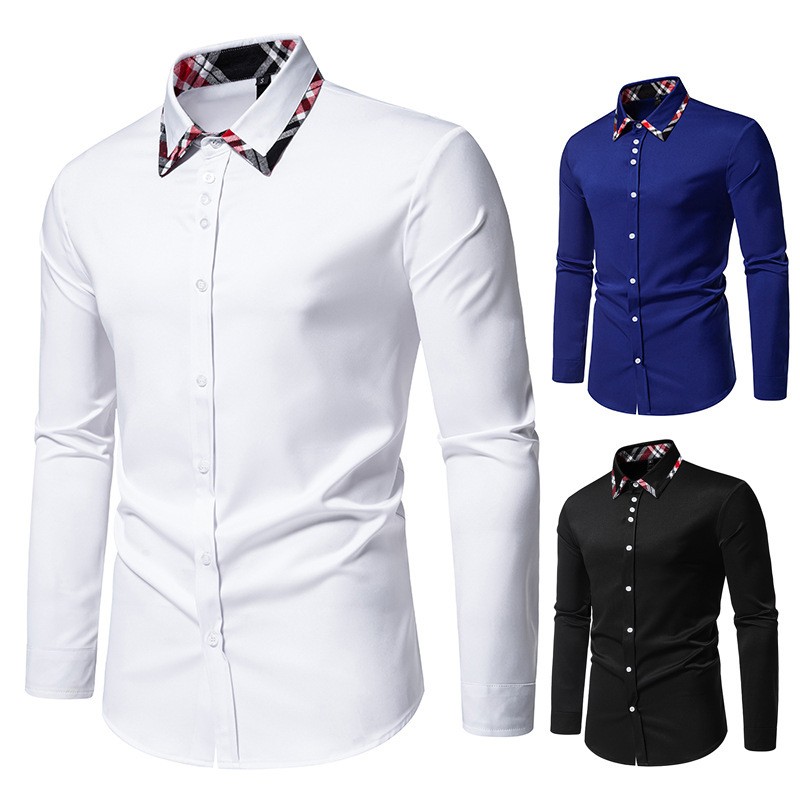 Men's Plaid Contrast Color Triangle Collar Long Sleeve Shirt