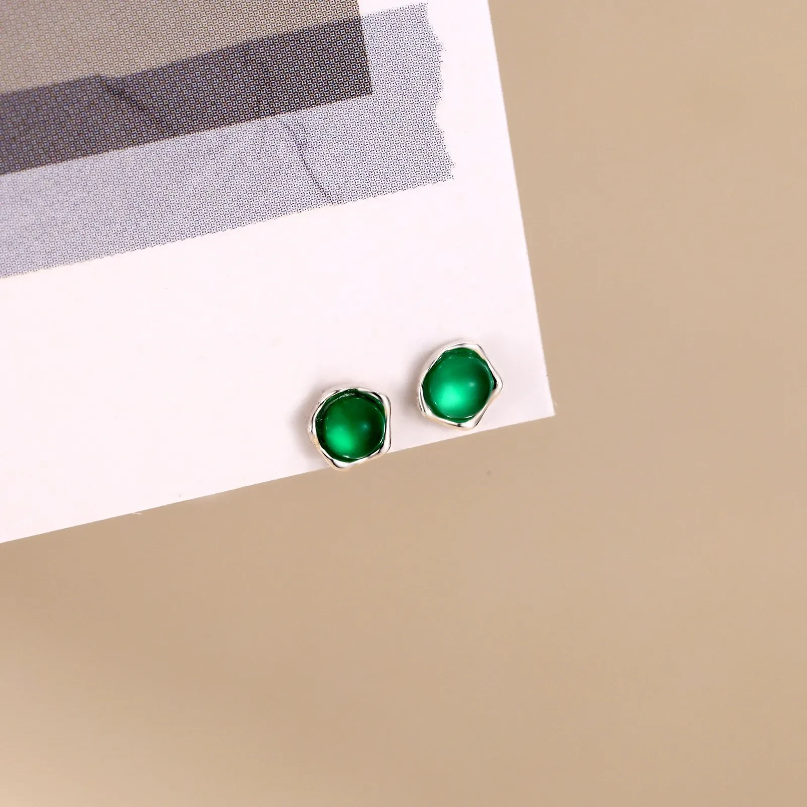 Pure Silver Green Agate Square Stud Earrings For Women