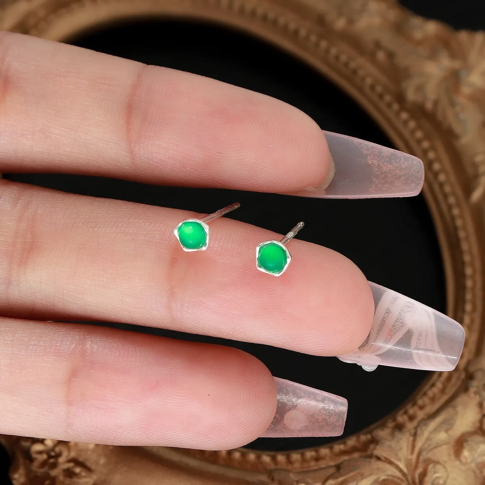 Pure Silver Green Agate Square Stud Earrings For Women