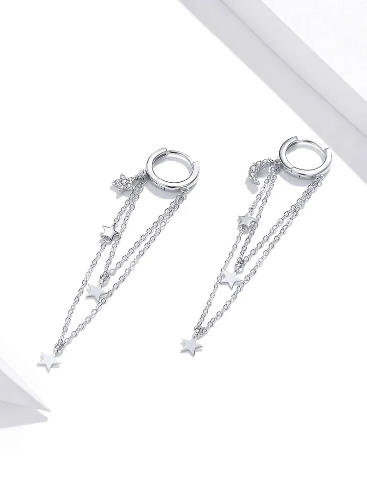 S925 Sterling Silver Star Moon Tassel Earrings