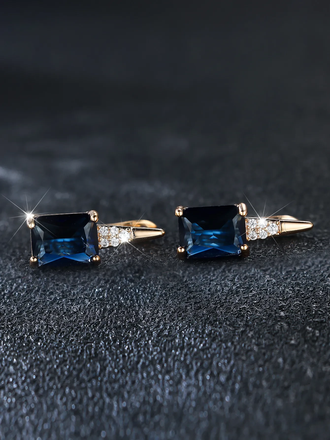 Champagne Gold Rectangular Chamfered Sapphire Blue Earrings For Women