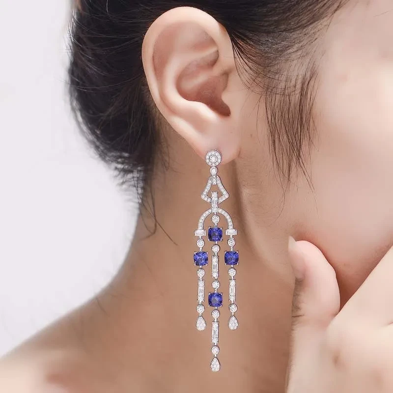 Sapphire 925 Silver Plated Ladies Tassel Eardrops