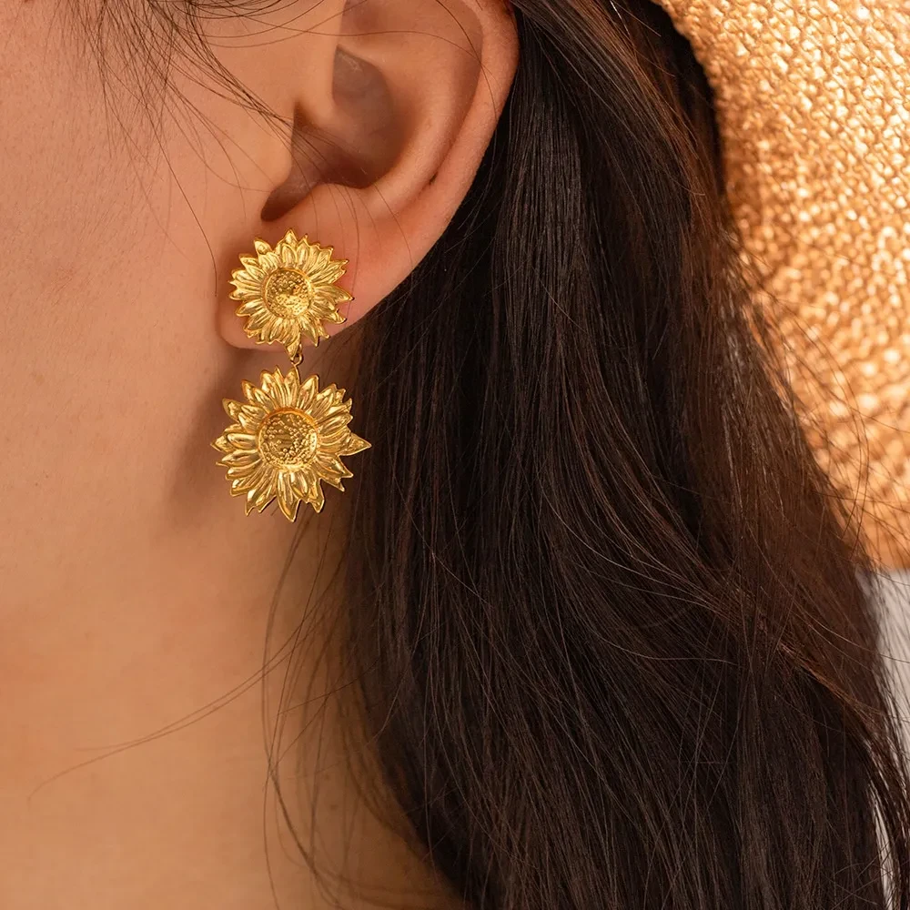 Gold Earrings Vintage Metal Sunflower