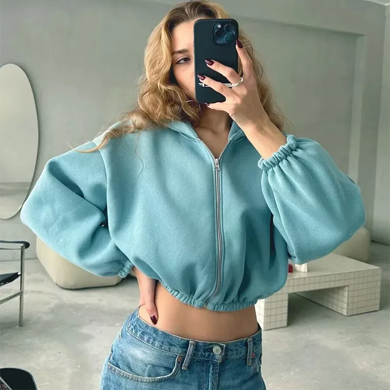 Casual Solid Color Hooded Short Jacket Y2K Fashion Sports Sweatshirt Long Sleeve Zip Up Cardigan Hoodies