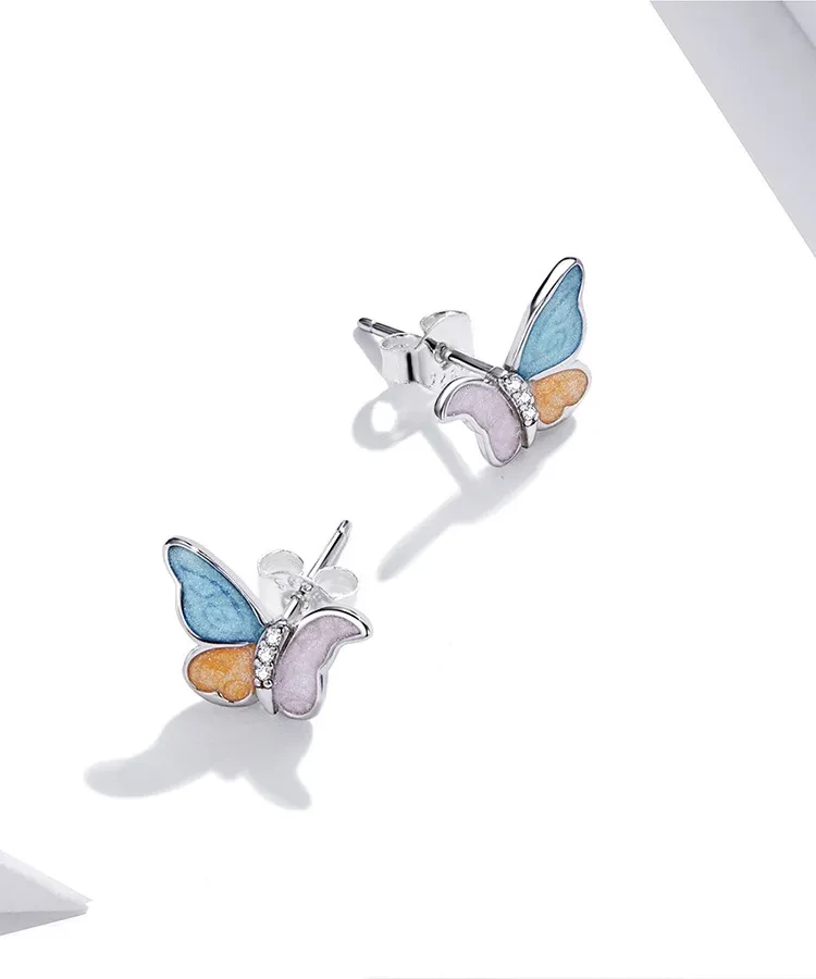 Butterfly Sterling Silver Earrings White Gold Plated Colorful Oil Necklace