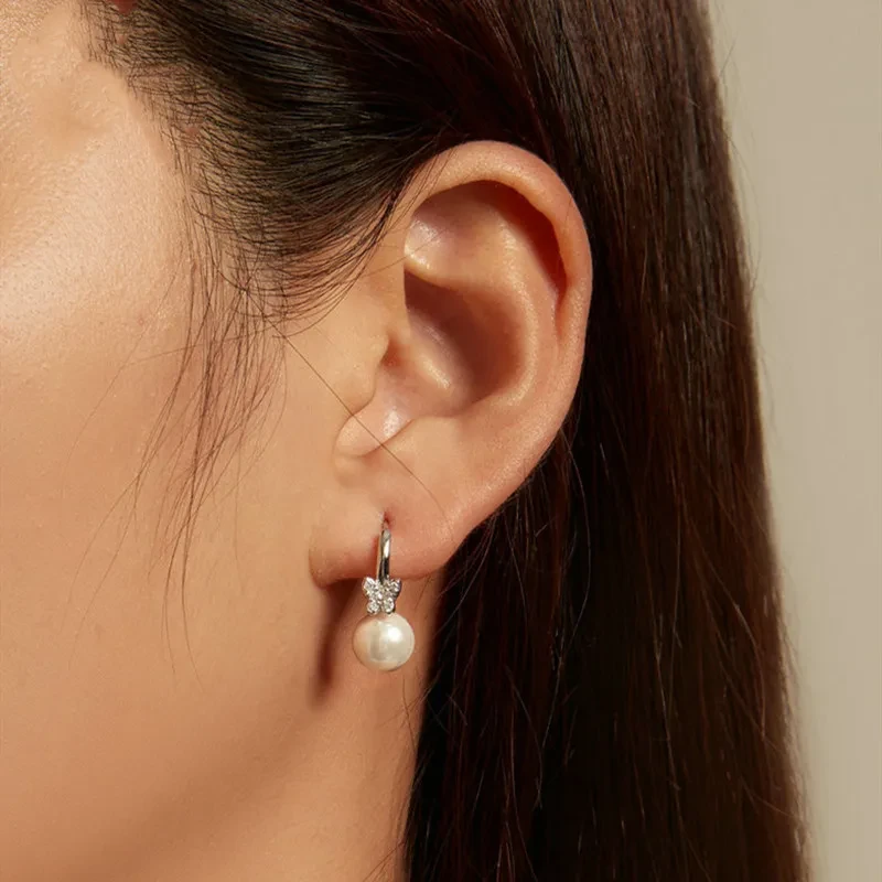 Sterling Silver Earrings Shell Pearls White Gold Plated Zircon