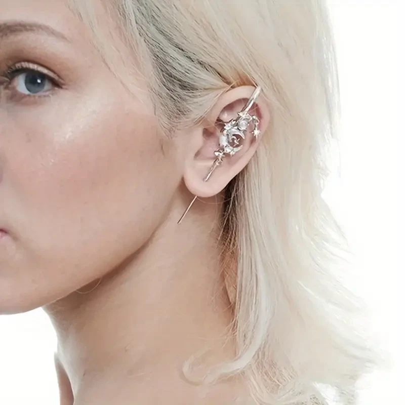 Gothic Vintage Star and Crescent Moon Rhinestone Dangle Earrings