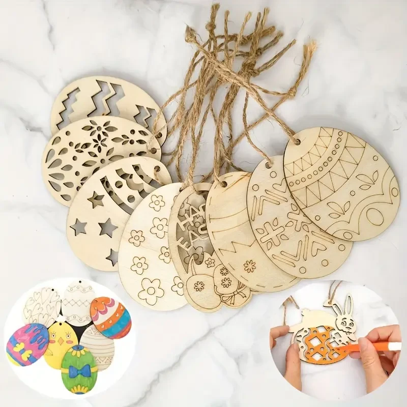 10pcs Rustic Wooden Easter Eggs with Matching Rope