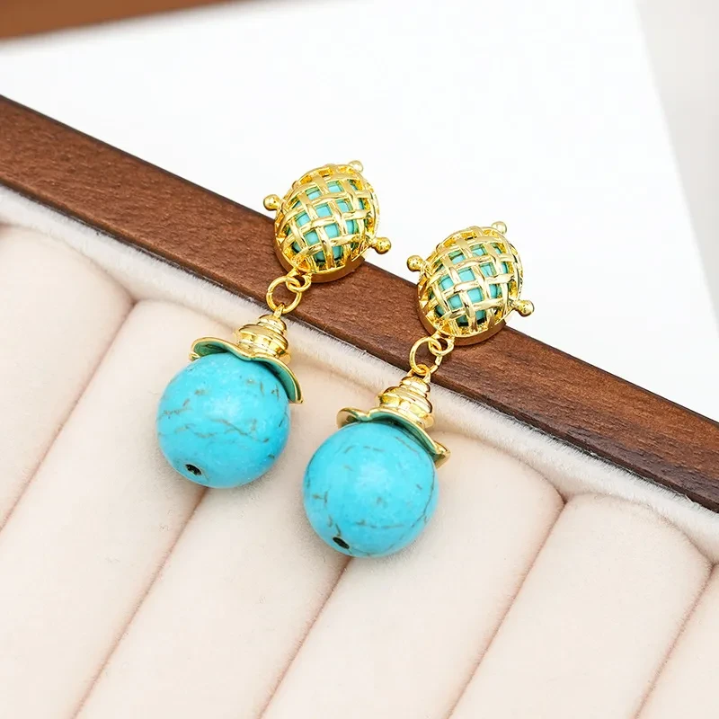 Turquoise Long Silver Pin Earrings Women