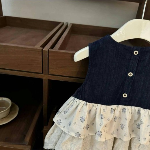 Sleeveless Vest Plaid Stitching Denim Skirt Bandage Dress Cake Dress