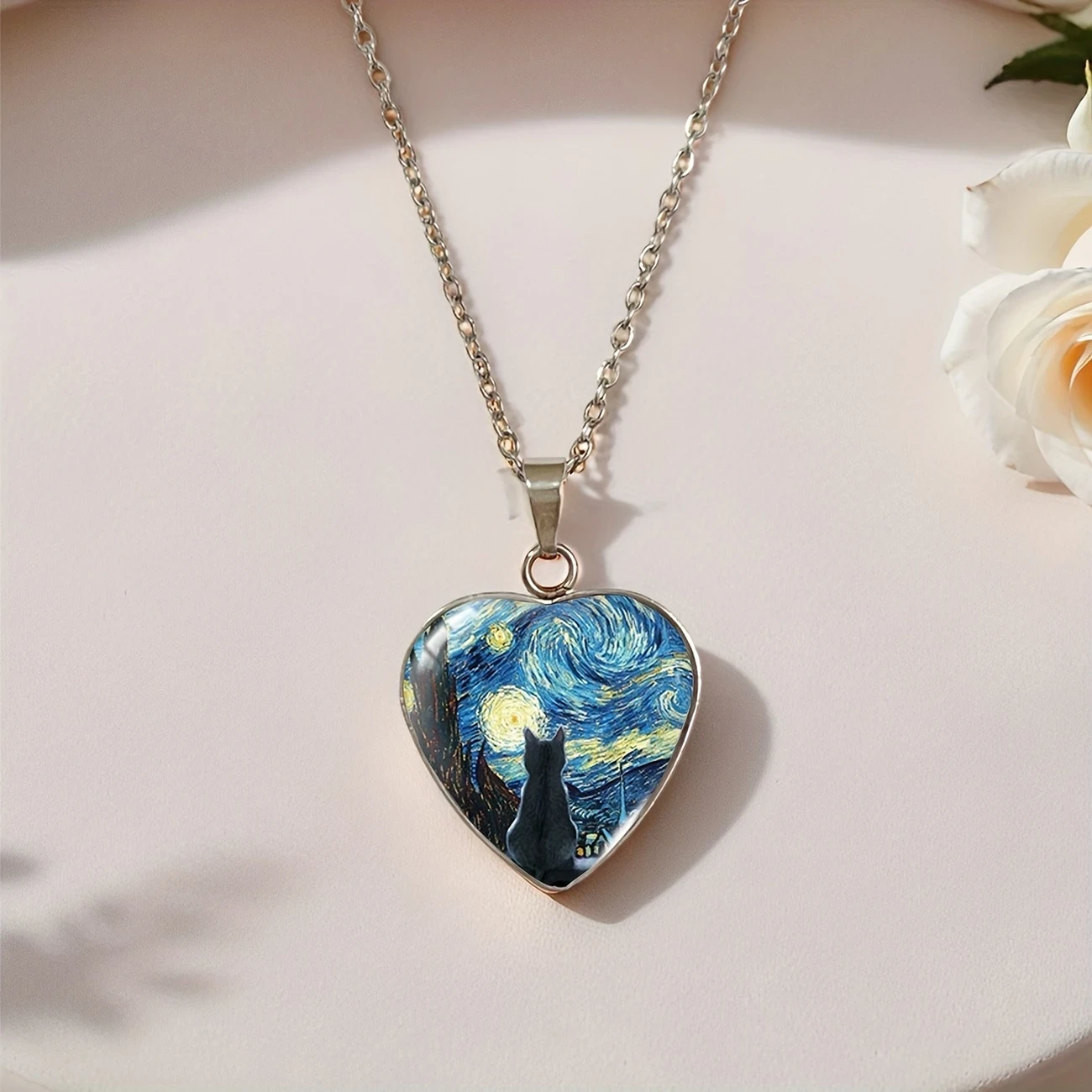 JWEIJIAO Starry Night Black Cat Heart-Shaped Pendant Necklace Bohemian Style Stainless Steel Jewelry with Van Gogh Art Design, Perfect Birthday Gift for Men & Women