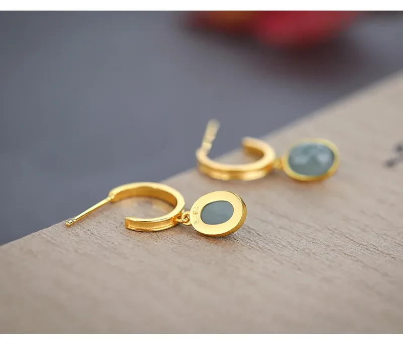 925 Silver Natural A Cargo Blue Water Jade Egg Surface Earrings