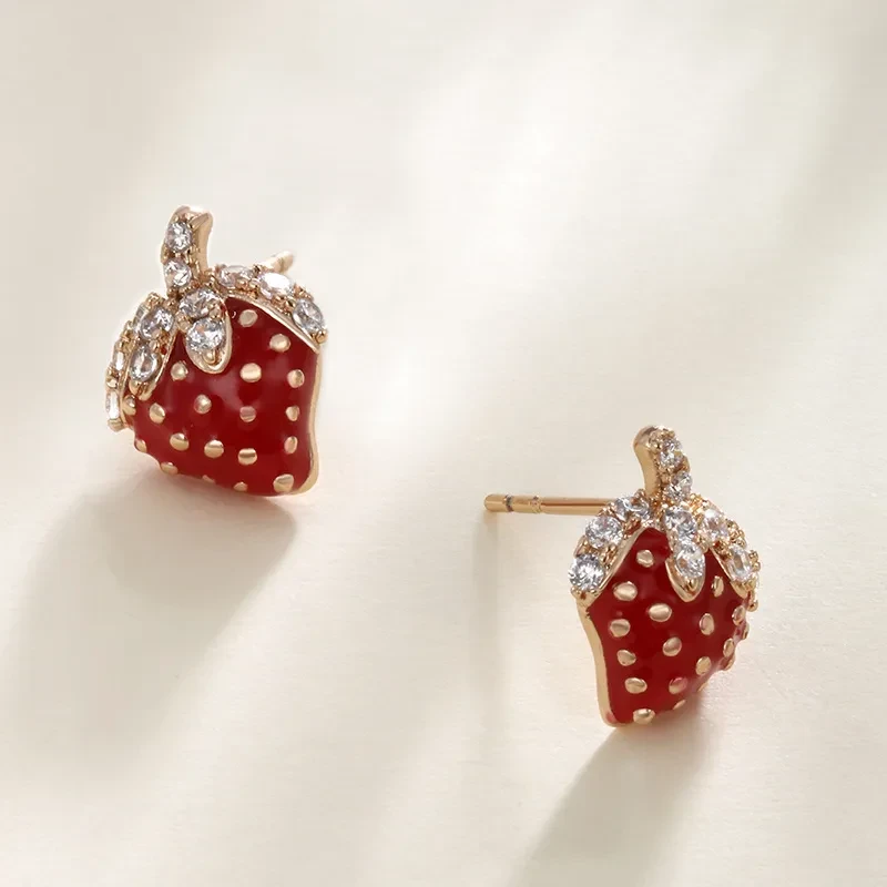 Cute Red Strawberry Fruit Inlaid Zirconium Stud Earrings