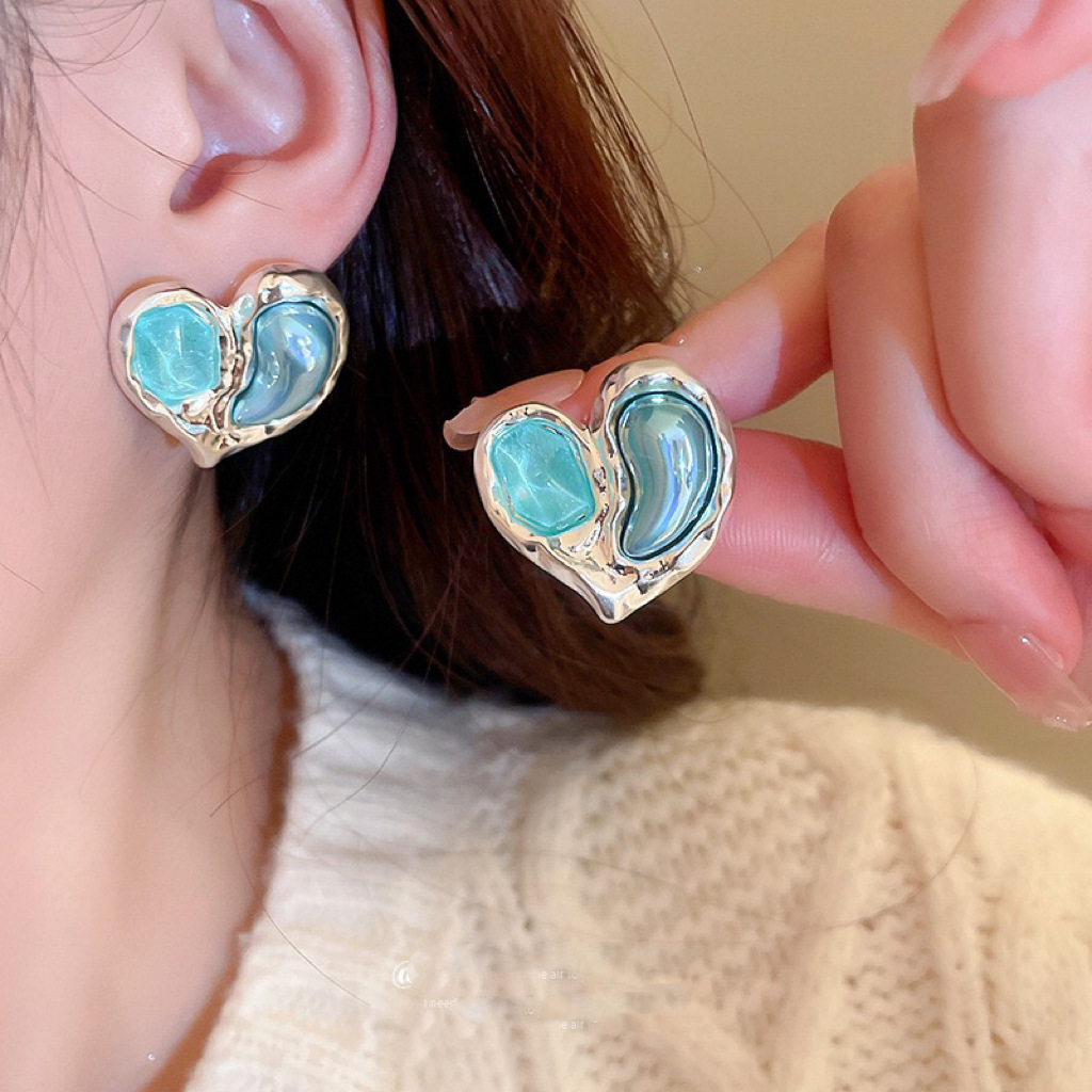 Glacier Blue Green French Retro Resin Love Metal Earrings