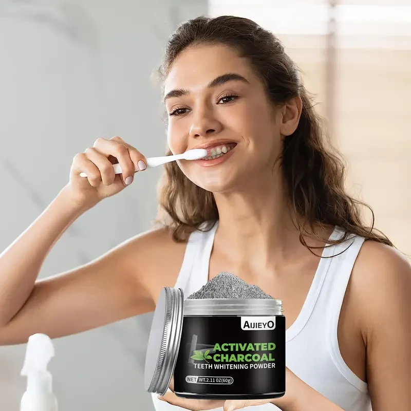 AIJIEYO Activated Charcoal Teeth Whitening Powder - Deep Cleaning, Plaque Cleaner, Mint Flavor