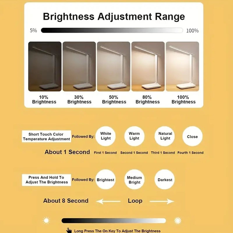 Folding Table Lamp - Eye Protection, 3 Color Dimmable Touch LED Lamp, 360° Flexible Desk Light, Bedside Reading Lamp, USB Rechargeable