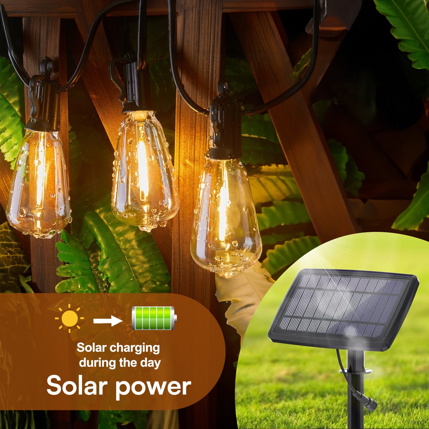 50FT Outdoor String Lights LED Garden String Lights with Shatterproof ST38 Solar Retro Bulbs, Waterproof, Exterior Pendant Lights for Porch, Backyard, Cafe, Balcony, Bistro