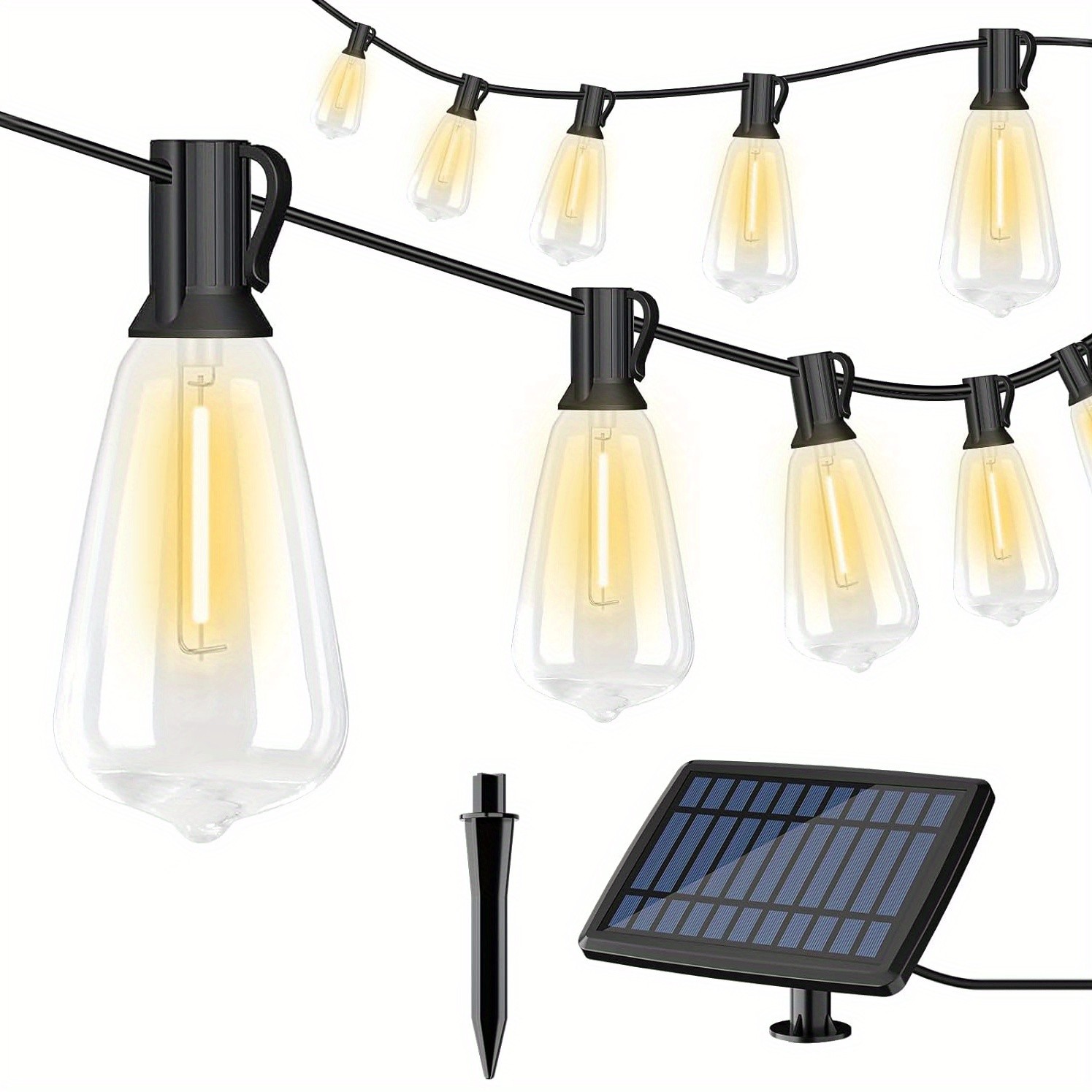 50FT Outdoor String Lights LED Garden String Lights with Shatterproof ST38 Solar Retro Bulbs, Waterproof, Exterior Pendant Lights for Porch, Backyard, Cafe, Balcony, Bistro