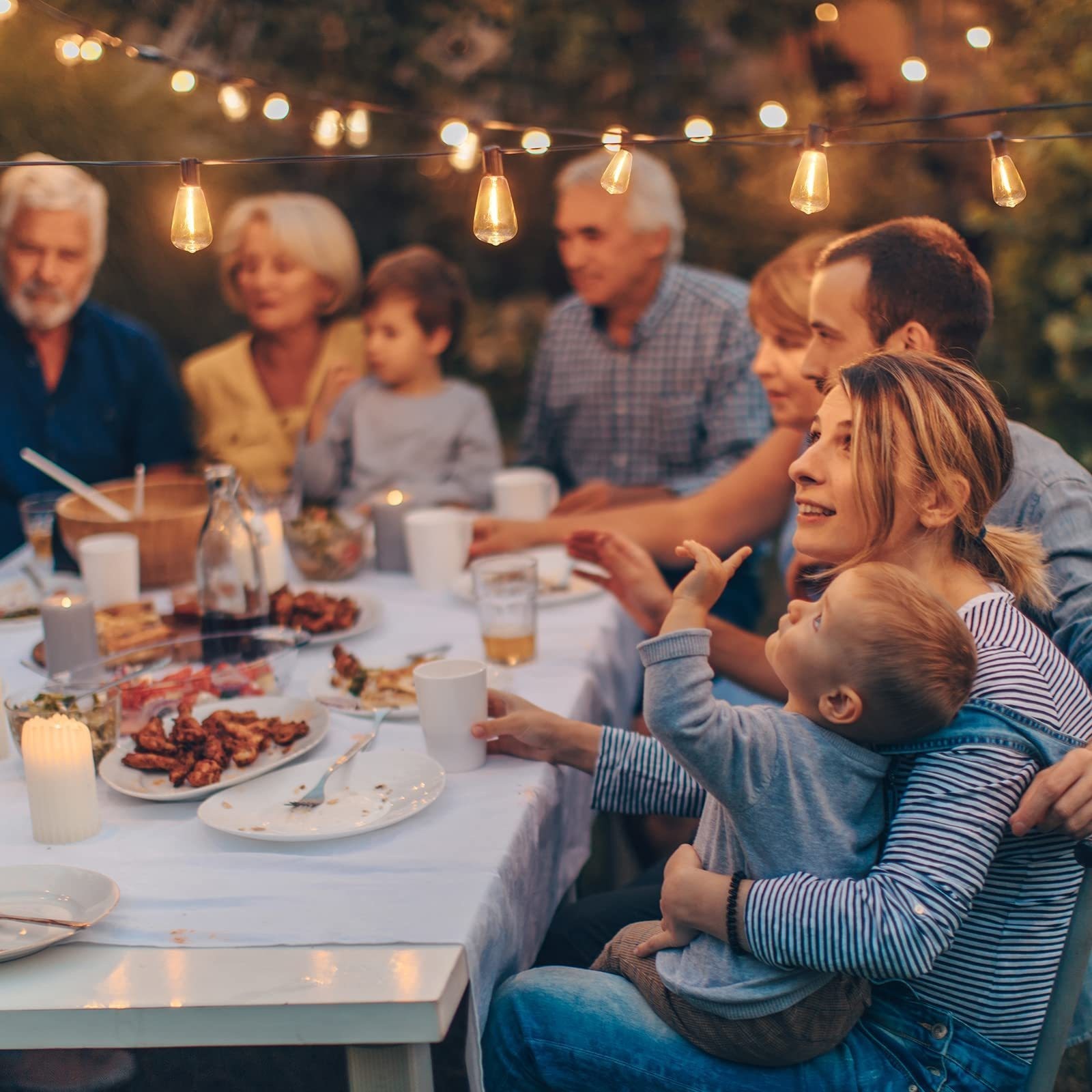 50FT Outdoor String Lights LED Garden String Lights with Shatterproof ST38 Solar Retro Bulbs, Waterproof, Exterior Pendant Lights for Porch, Backyard, Cafe, Balcony, Bistro