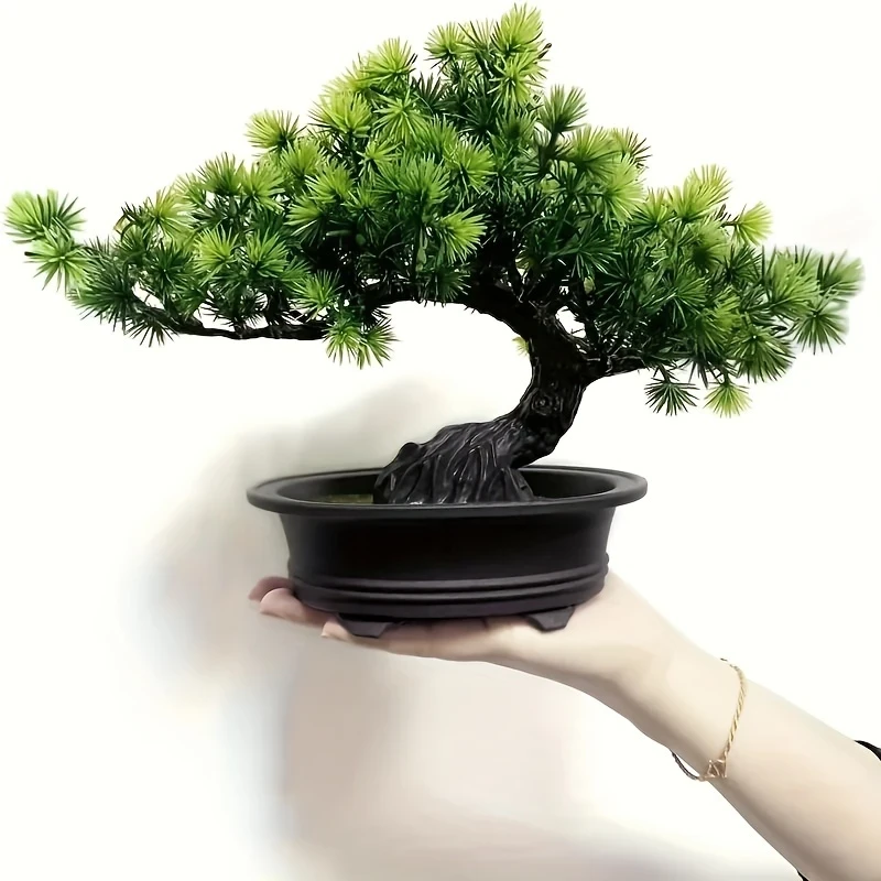 9.5" Artificial Pine Bonsai Tree in Black Pot  Lifelike Indoor Zen Decor for Home, Bathroom, Bookshelf, or Farmhouse Style, Zen Home Decor