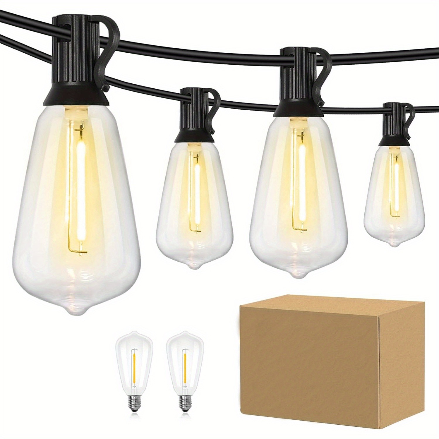 50FT Outdoor String Lights LED Garden String Lights with Shatterproof ST38 Solar Retro Bulbs, Waterproof, Exterior Pendant Lights for Porch, Backyard, Cafe, Balcony, Bistro