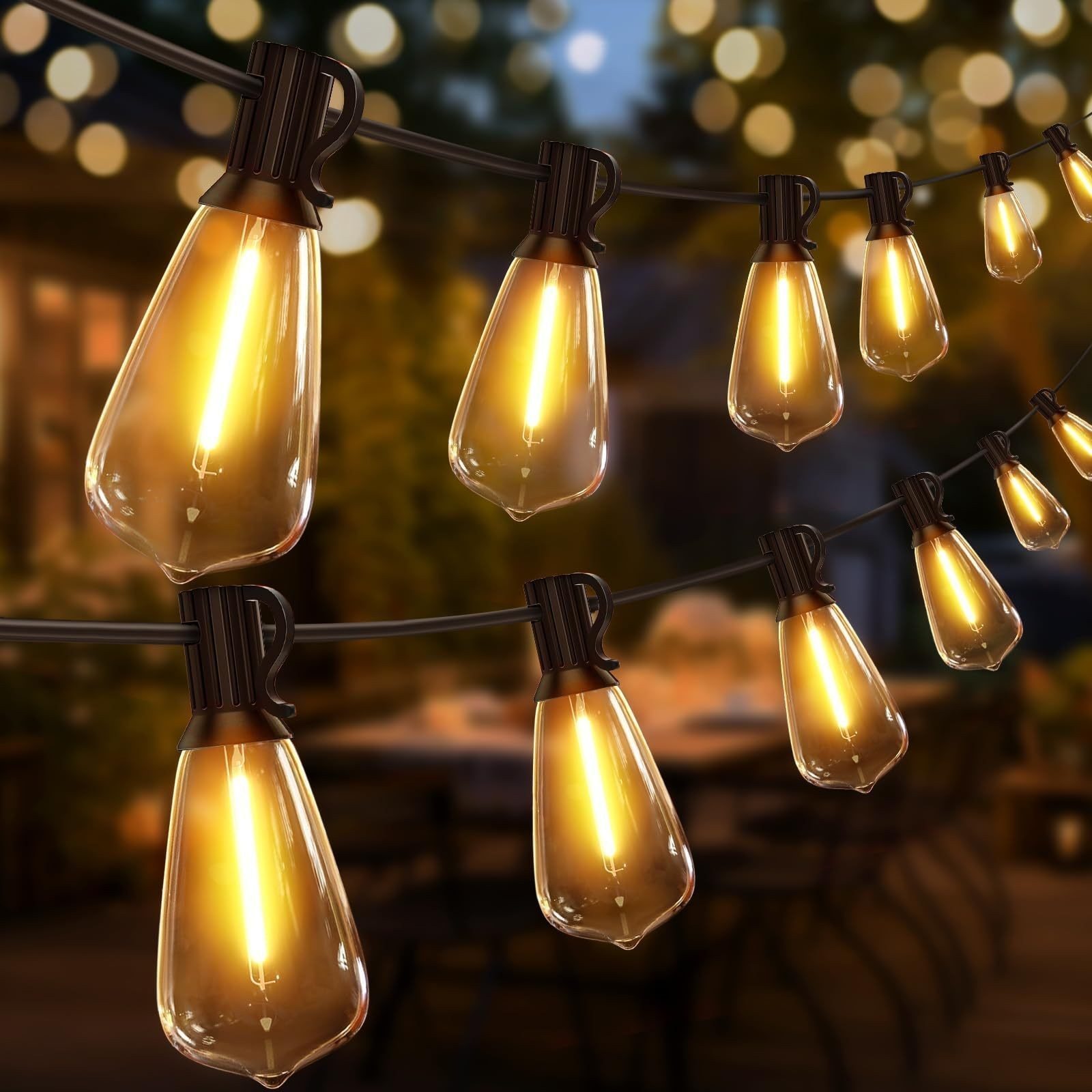 50FT Outdoor String Lights  LED Garden String Lights with Shatterproof ST38 Solar Retro Bulbs, Waterproof, Exterior Pendant Lights for Porch, Backyard, Cafe, Balcony, Bistro