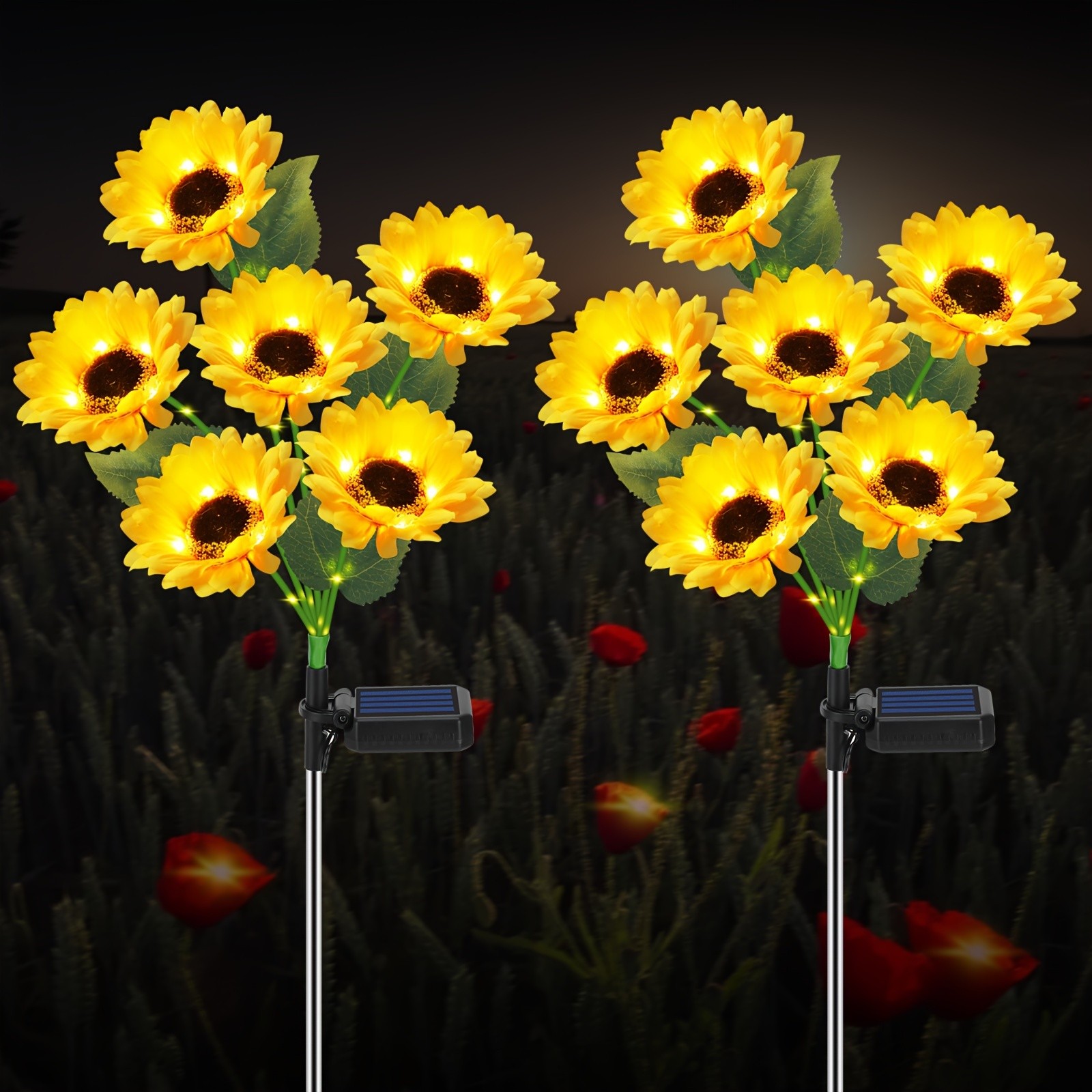 Solar-Powered Sunflower Garden Stakes 2 Packs of 6 LED Sunflower Lights for Outdoor Decorations