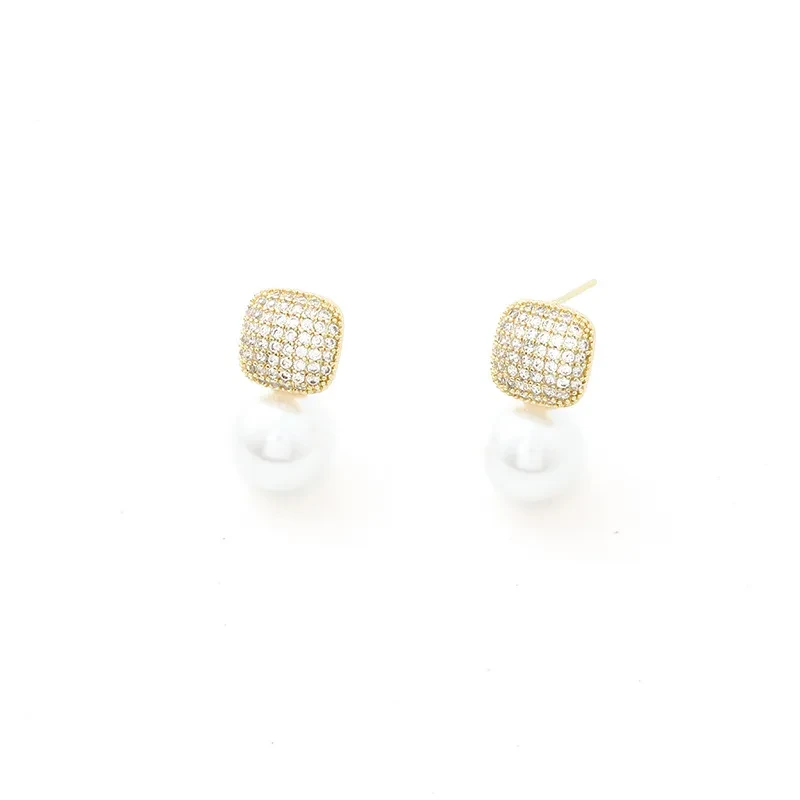Light Luxury Square Full Diamond Pearl Ear Studs Make Your Face Look Smaller