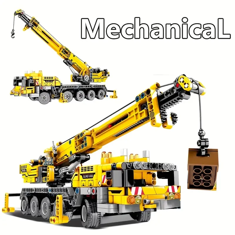 1000+ Pieces Yellow ABS Construction Crane Toy Set with Detailed Mechanism