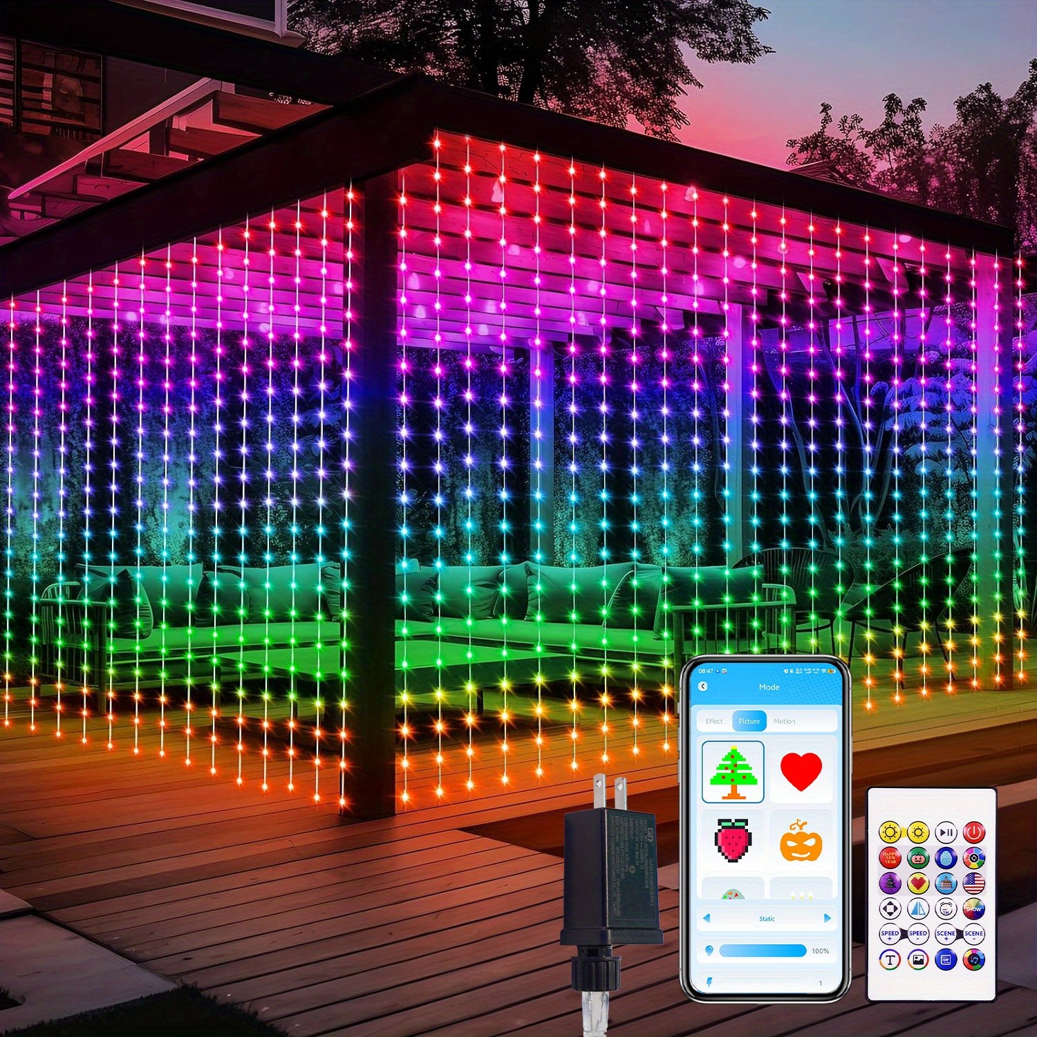 RGB Curtain Lights  App Controlled Curtain Lights, 400 LEDs, DIY Programmable Light String for Bedroom Decoration, Color Changing Lights, Dynamic Patterns, Letters, Numbers, Music Rhythm LED Light String for Christmas Wedding Party Yard (6.6 x 6.6 ft)