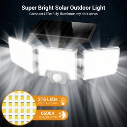 Solar Motion Lights Outdoor  2500LM 216 LED Security Lights with Remote Control, 3 Heads Motion Sensor Lights for Garden, Garage, Eave