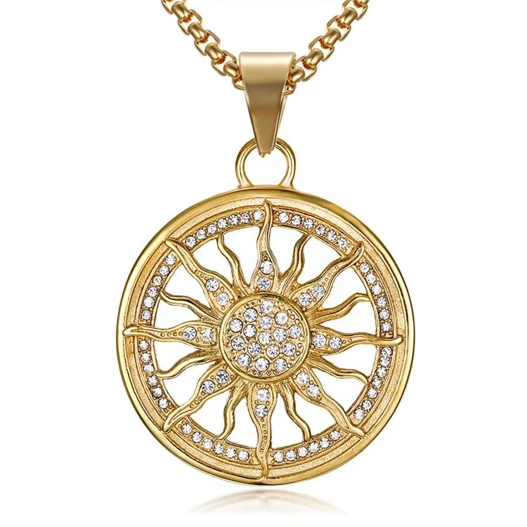 Round Necklace Stainless Steel Pendant Punk Style Sunflower Titanium Steel Retro Pendant