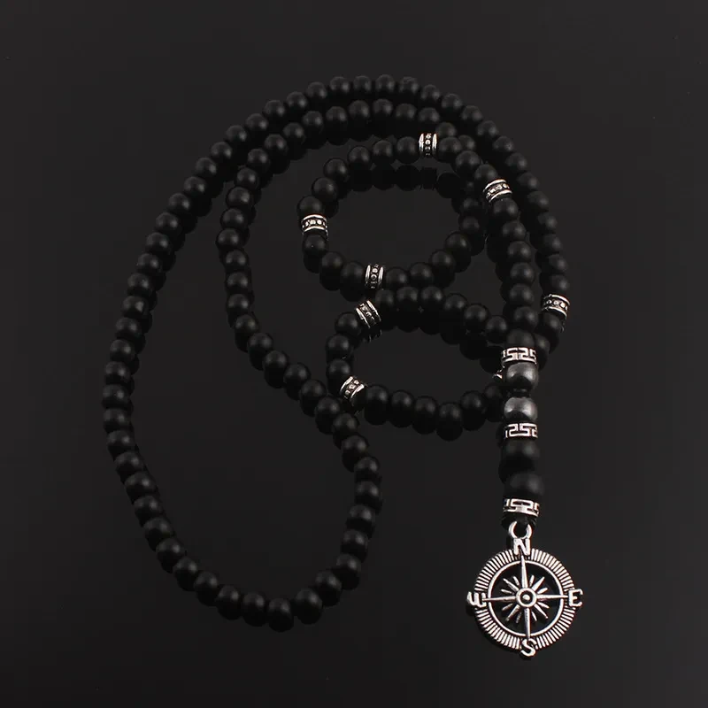 Matte Black Agate Alloy Compass Pendant