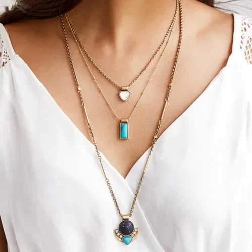 Natural stone pendant long sweater chain